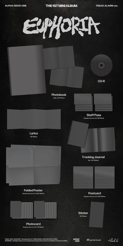 ALPHA DRIVE ONE EUPHORIA album contents – Includes CD, 105-page photobook, random photocard, staff pass, lyrics sheet, folded poster, postcard, tracking journal, and sticker. Pre-order includes Mnet Plus POB photocard, official sealed K-pop merchandise.