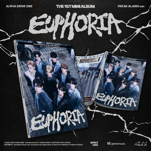 ALPHA DRIVE ONE EUPHORIA 1st Mini Album Freak Alarm version – sealed K-pop album with photobook, CD, random photocard, staff pass, lyrics, folded poster, postcard, tracking journal, and sticker, official merchandise.