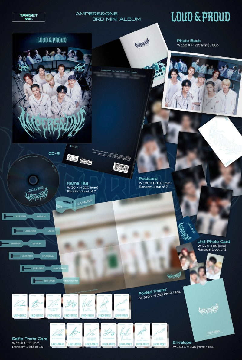 Contents of AMPERS&ONE 3rd Mini Album [LOUD & PROUD], including photobook, CD-R, random postcard, name tag, unit photocard, folded poster, selfie photocards, and envelope.