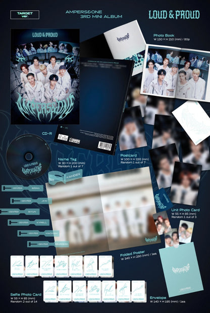 Contents of AMPERS&ONE 3rd Mini Album [LOUD & PROUD], including photobook, CD-R, random postcard, name tag, unit photocard, folded poster, selfie photocards, and envelope.