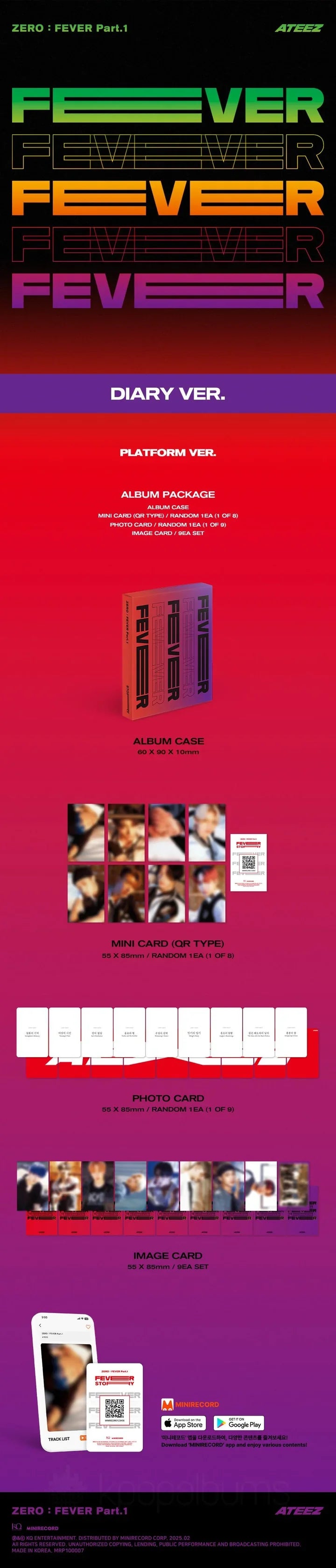 Contents of ATEEZ ZERO : FEVER Part.1 Platform Version Diary Version, including 1 mini QR card (random out of 8), 1 photo card (random out of 16), and 9 image cards, official K-pop merchandise.