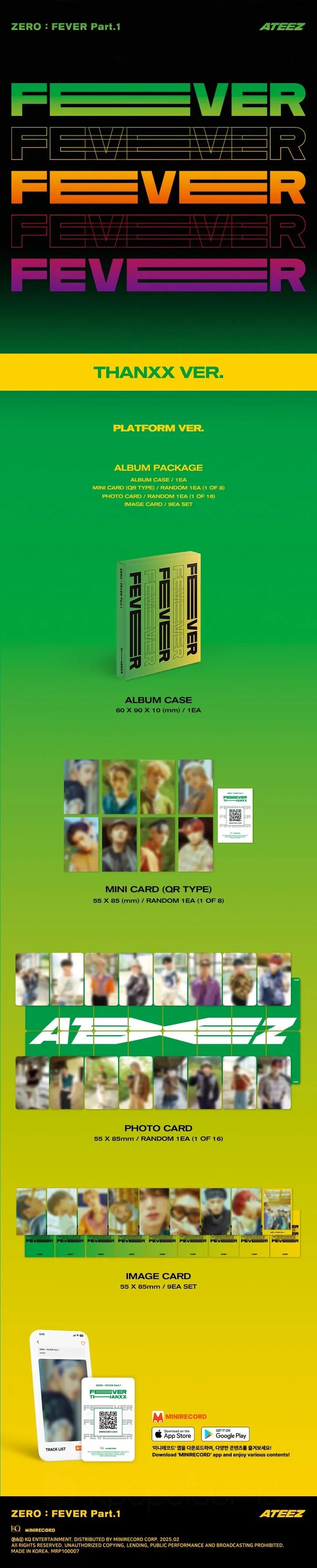 Contents of ATEEZ ZERO : FEVER Part.1 Platform Version THANXX Version, including 1 mini QR card (random 1 of 8), 1 photo card (random 1 of 16), and 9 image cards, official fan collectible.