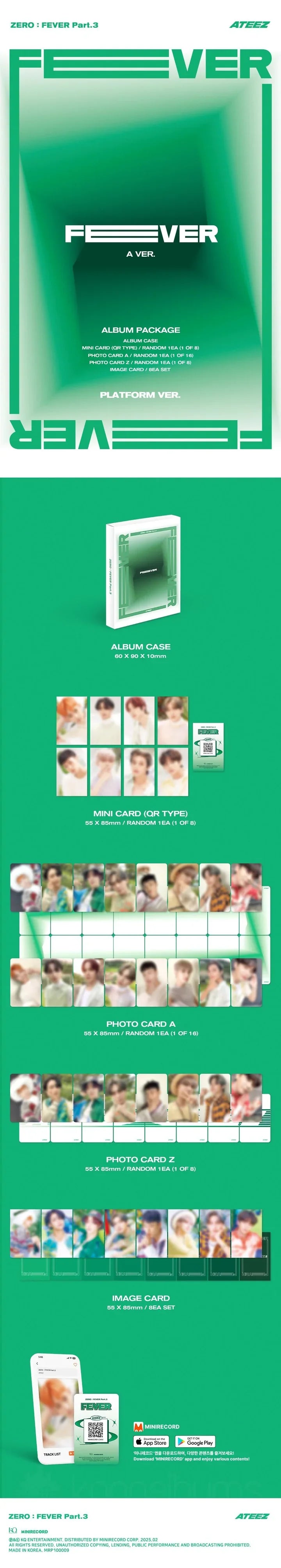 Contents of ATEEZ ZERO : FEVER Part.3 Platform Version A Version, including 1 mini QR card (random 1 of 8), photo card A (random 1 of 16), and 8 image cards, official fan collectible.