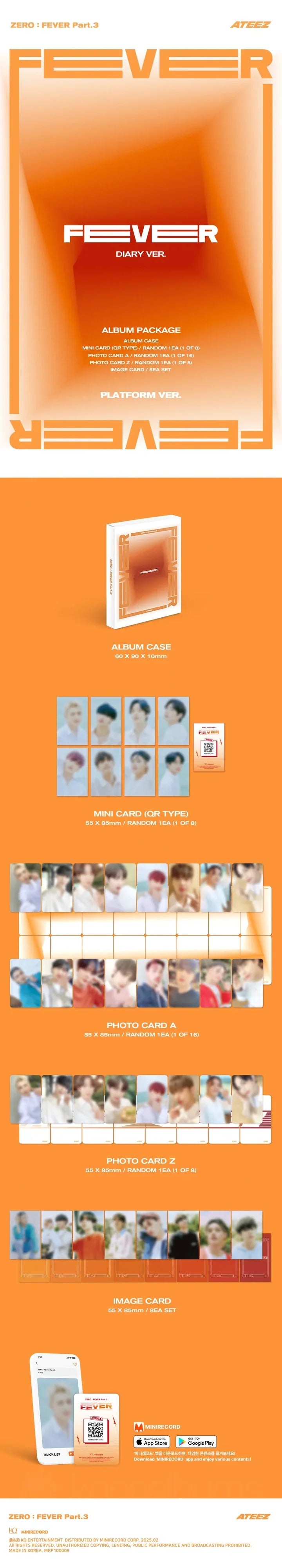Contents of ATEEZ ZERO : FEVER Part.3 Platform Version Diary Version, including 1 mini QR card (random out of 8), photo cards, and 8 image cards, official K-pop merchandise.