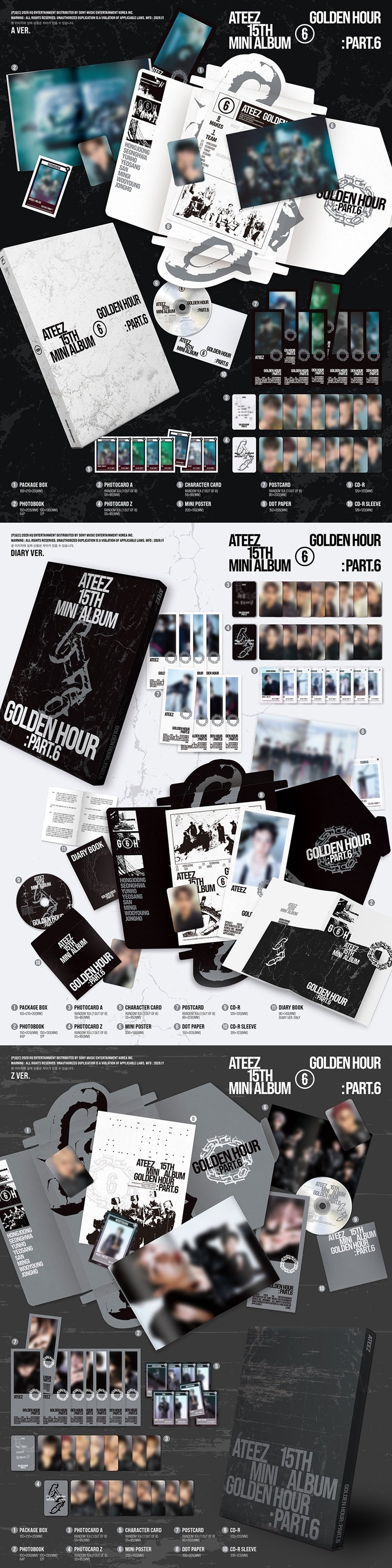 ATEEZ GOLDEN HOUR Part 6 album contents preview featuring photobook photocards character card postcard mini poster CD and KQ SHOP Pirate King selfie photocard benefit