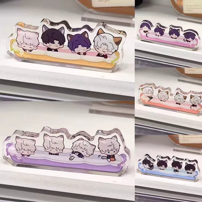 Love and Deepspace cat-themed cartoon acrylic standees – all 4 versions displayed together.