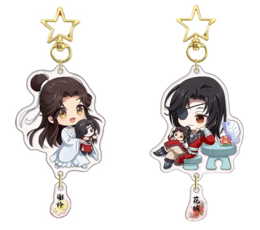 Heaven Official’s Blessing acrylic pendant keychains featuring Xie Lian and Hua Cheng with cosplay-inspired designs and quicksand effect, doubles as keychain, badge, or brooch, 5x5x1 cm, fan merchandise.