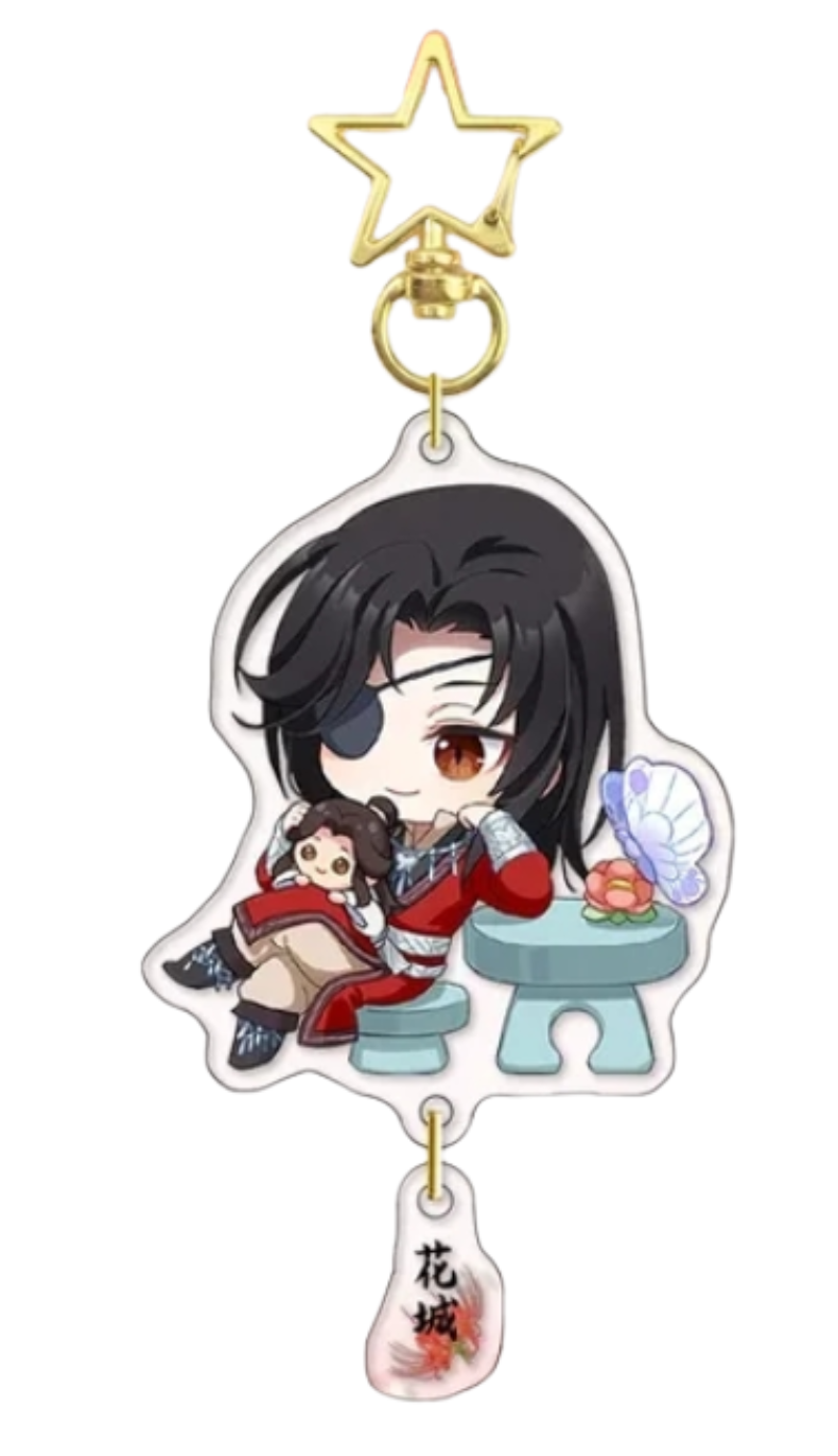 Heaven Official’s Blessing acrylic pendant keychain featuring Hua Cheng with detailed cosplay-inspired design and quicksand effect, usable as keychain, badge, or brooch, 5x5x1 cm.