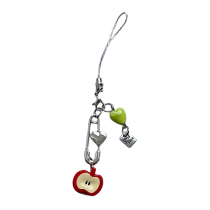 Love and Deepspace Caleb-inspired phone charm, full view of red apple and heart pendant design on white background, lightweight zinc alloy accessory for phone, backpack, or purse, fan merchandise.