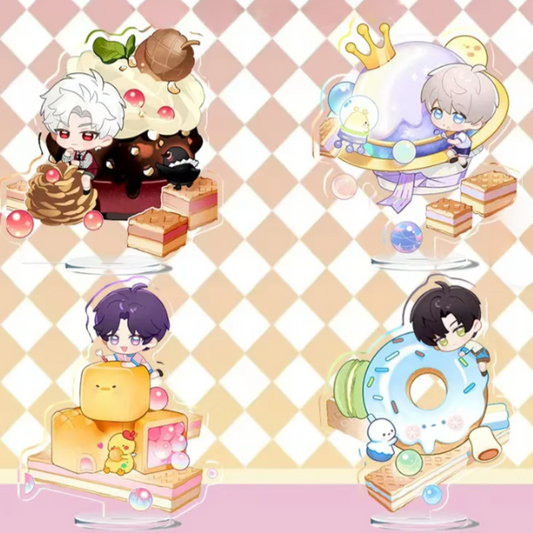 Love and Deepspace 2025 Dessert Party acrylic stands featuring Xavier, Zayne, Rafayel, and Sylus in colourful cartoon dessert designs, full set, durable acrylic, collectible fan merchandise for desk or display.