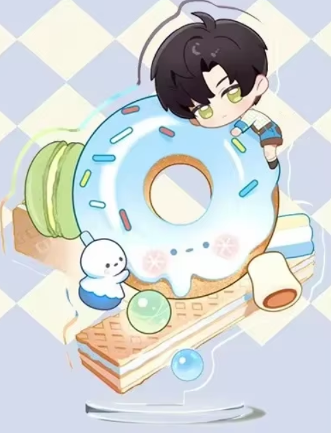 Love and Deepspace 2025 Dessert Party acrylic stand featuring a character from the series in cartoon dessert design, durable acrylic collectible for desk or display.