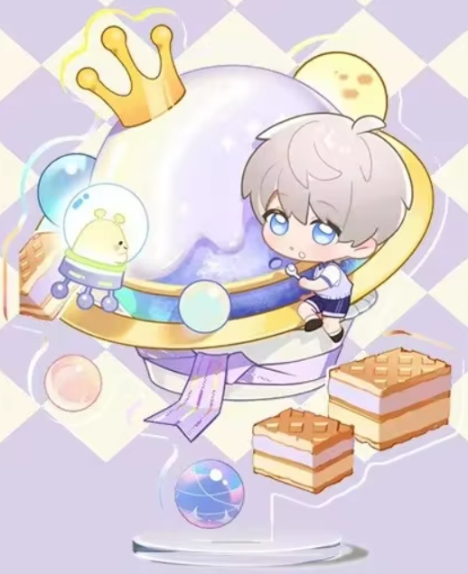 Love and Deepspace 2025 Dessert Party acrylic stand featuring a character from the series in cartoon dessert design, durable acrylic collectible for desk or display.