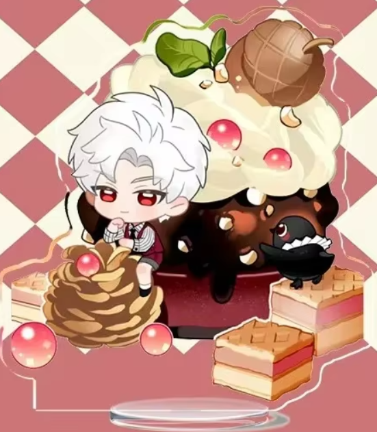 Love and Deepspace 2025 Dessert Party acrylic stand featuring a character from the series in cartoon dessert design, durable acrylic collectible for desk or display.