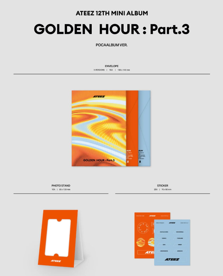 ATEEZ 12th Mini Album [GOLDEN HOUR: Part.3] POCA Album Version, envelope, photo stand, and sticker set (2 pcs.), official K-pop fan collectible.