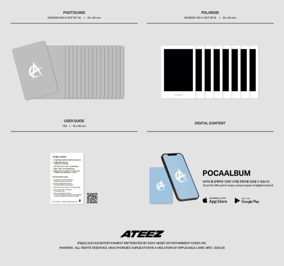 ATEEZ 12th Mini Album [GOLDEN HOUR: Part.3] POCA Album Version, photocard (2 of 16), polaroid (1 of 8), user manual, and digital content, official K-pop merchandise.