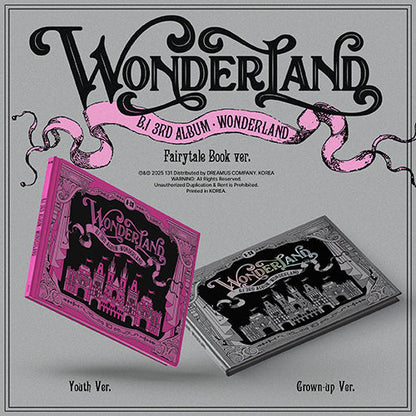 B.I 3rd Album [WONDERLAND] Fairytale Book Version, showing random front cover, includes 1 CD, 48-page photobook, 1 random photocard (out of 4), origami Ferris wheel kit, and ticket bookmark, official K-pop merchandise.