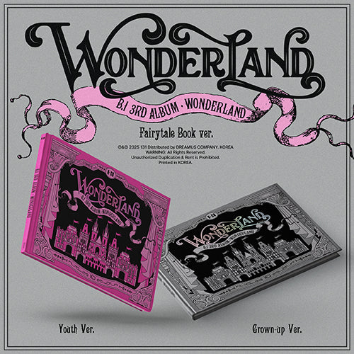 B.I 3rd Album [WONDERLAND] Fairytale Book Version, showing random front cover, includes 1 CD, 48-page photobook, 1 random photocard (out of 4), origami Ferris wheel kit, and ticket bookmark, official K-pop merchandise.