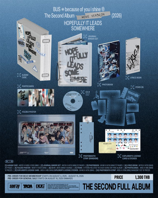 BUS BECAUSE OF YOU I SHINE HOPEFULLY IT LEADS SOMEWHERE MOVE Version album preview with blue packaging photobook photocards poster CD and official T Pop album inclusions