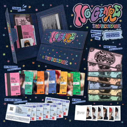Contents of BOYNEXTDOOR NO GENRE 4th EP Album WEVERSE Albums Version, including package, 1 set of paper money, 1 random MV photocard (out of 6), 1 random ID card (out of 6), and 1 random ID photo (out of 6), official K-pop fan merchandise.