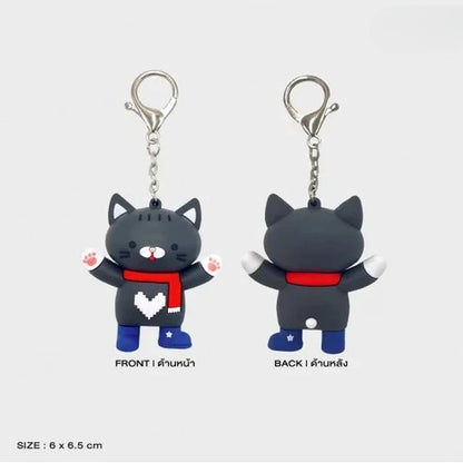 Front and back views of the Boys in Love Kaiju black cat keychain.