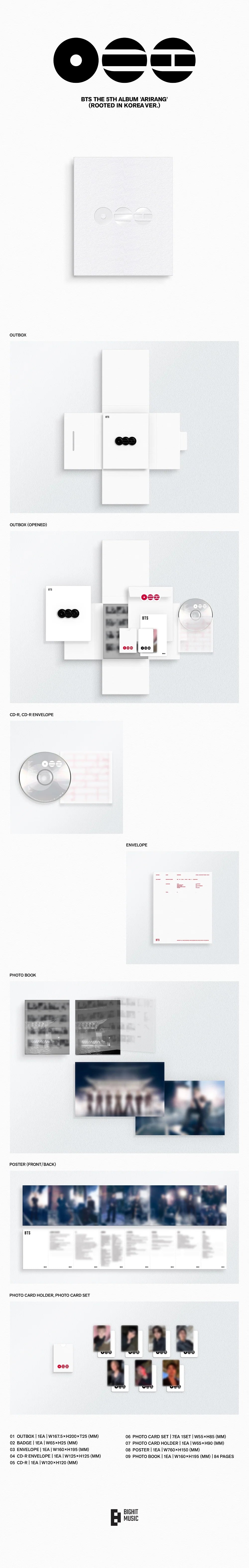 BTS ARIRANG Living Legend album contents with photobook CD photocards stickers and poster book.