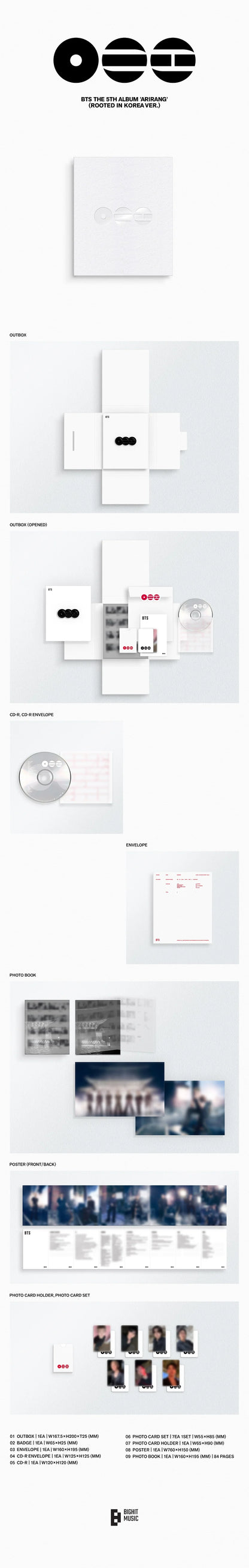 BTS ARIRANG Living Legend album contents with photobook CD photocards stickers and poster book.