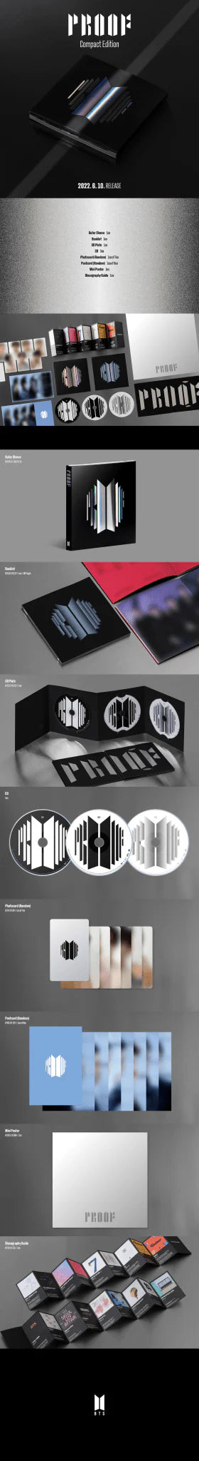 BTS Proof Compact Edition album contents booklet CDs photocards postcard and extras.