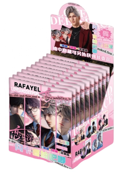 Love and Deepspace tinplate badges with photocard, full set of Rafayel ‘The Artistic Flame’ packs in box, 75mm round pins, collectible fan merchandise.