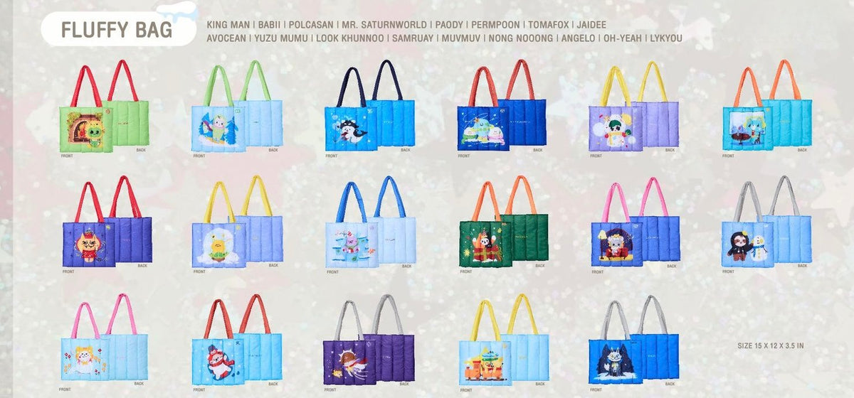 GMMTV POP UP STORE IN OSAKA 2024 Fluffy Bag collection showing all character variations featuring baby themed GMMTV artist pairing designs official merchandise