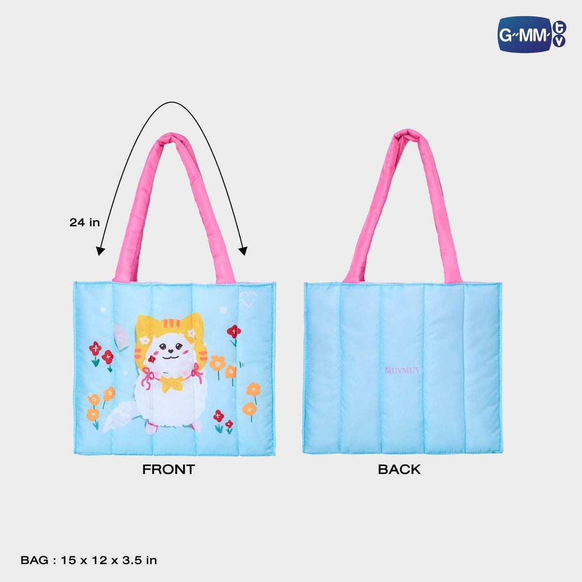 GMMTV POP UP STORE IN OSAKA 2024 Fluffy Bag front and back view with size dimensions official GMMTV collectible tote bag