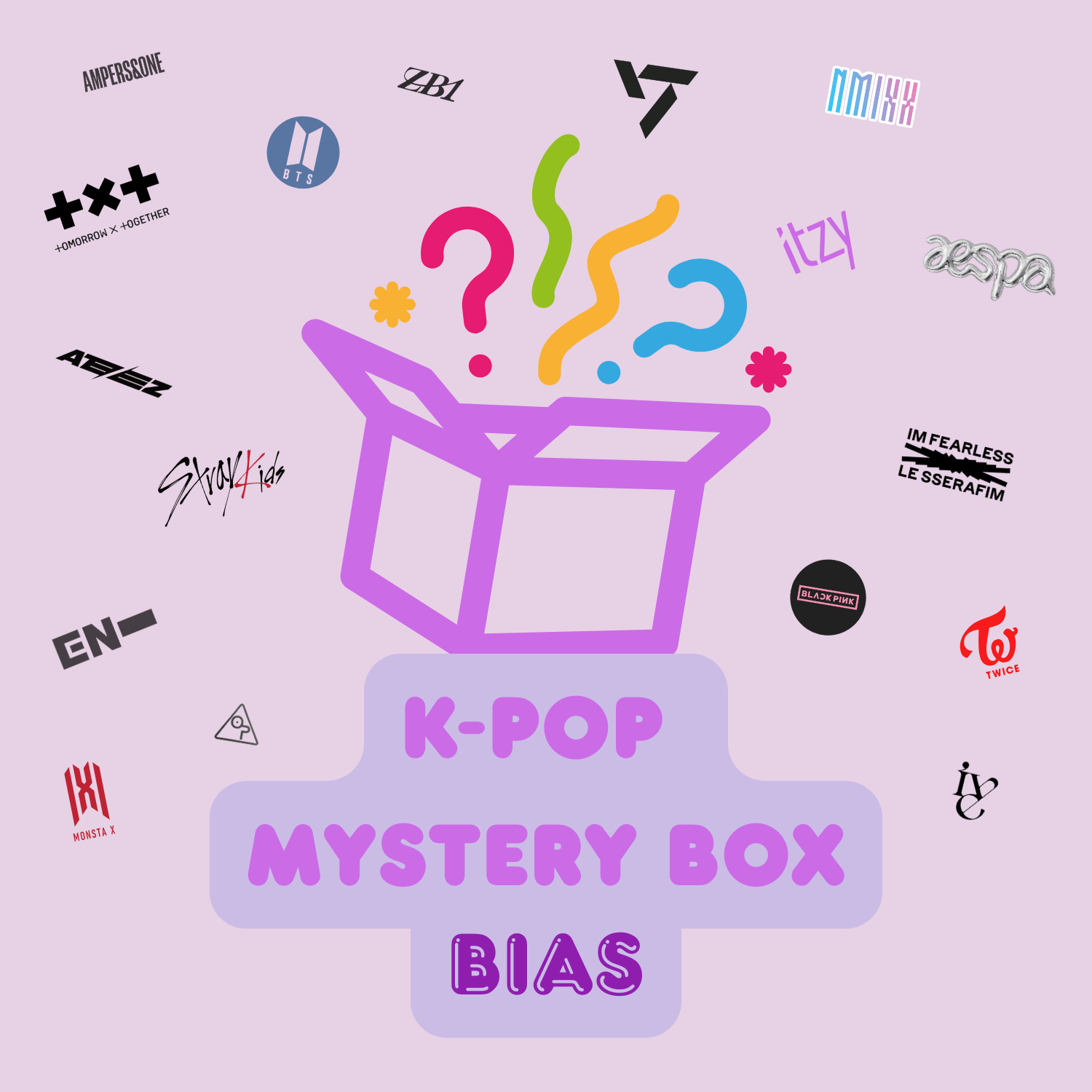 K-POP Mystery Box with colourful confetti and question marks bursting out, surrounded by icons and logos from popular K-pop groups. Bias box version.