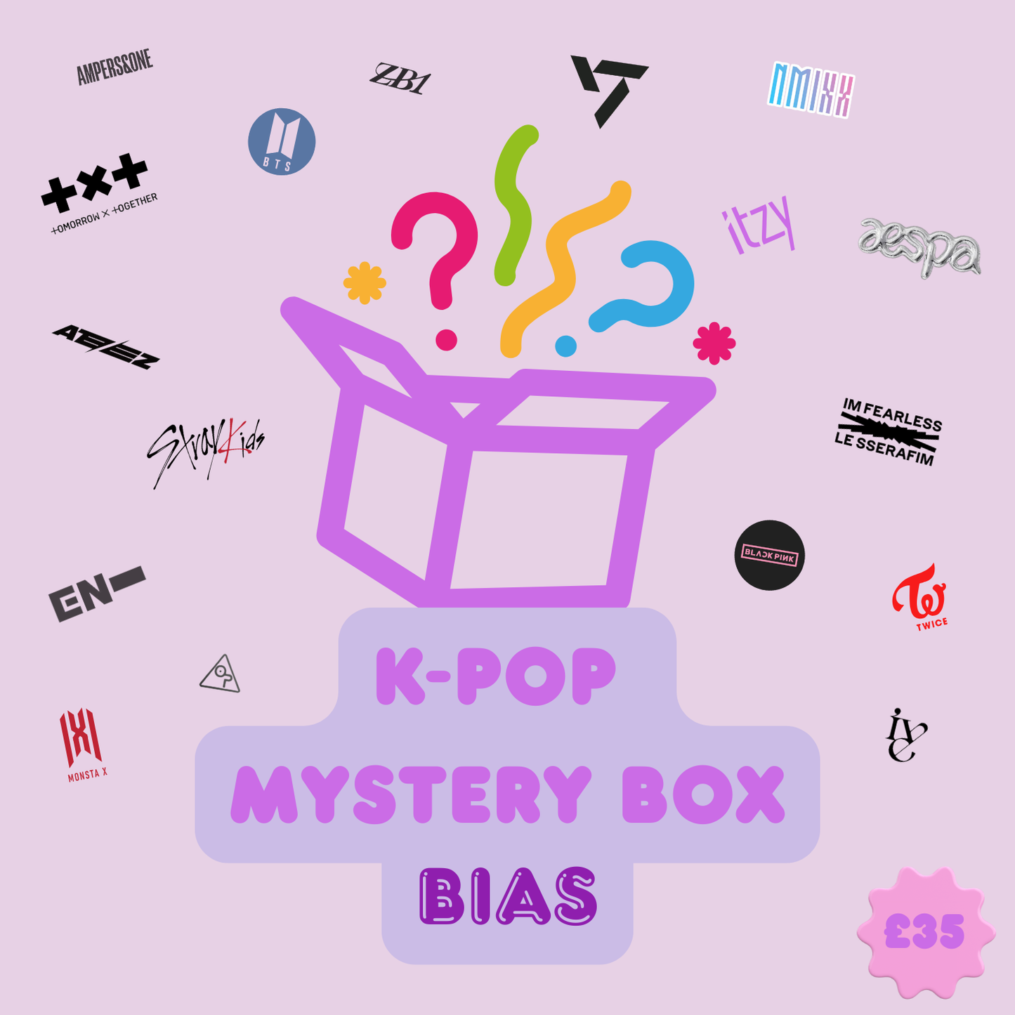 K-POP Mystery Box with colourful confetti and question marks bursting out, surrounded by icons and logos from popular K-pop groups.