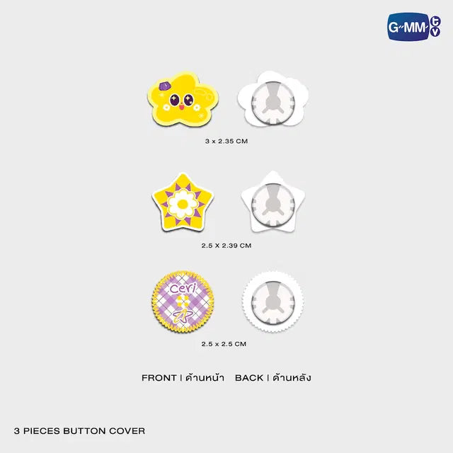 Ceri button cover set front and back view with size details official GMMTV acrylic collectible accessory