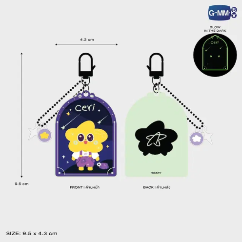 CERI glow acrylic keychain front and back with size 9.5 x 4.3 cm