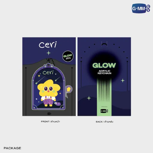 CERI glow acrylic keychain in official packaging with keychain details