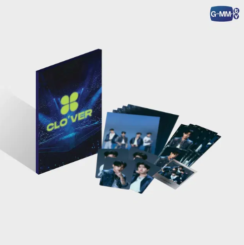 Front of CLO’VER MINI PHOTOSET outer box with a preview of included postcards, photocards, and photo strips from Riser Concert: The First Rise