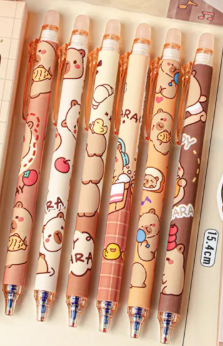 Capybara Gel Pens full set displayed on table, 0.5mm fine-tip pens with random Capybara-themed designs, blue ink, durable plastic, fun and collectible stationery for students, office, or journaling.