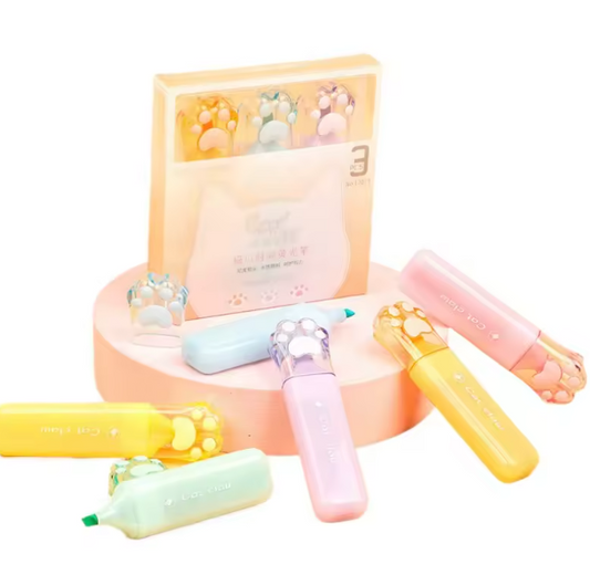 Creative Cat Paw Highlighter Pen Set, pastel macaron colour highlighters with cute paw design, displayed together.