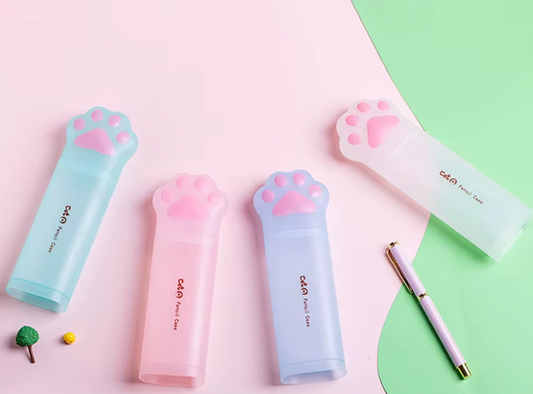 Cat’s Paw Pencil Case showing all 4 colour variants, clear vertical pouch with kawaii cat paw design, suitable for school, office, or personal use.