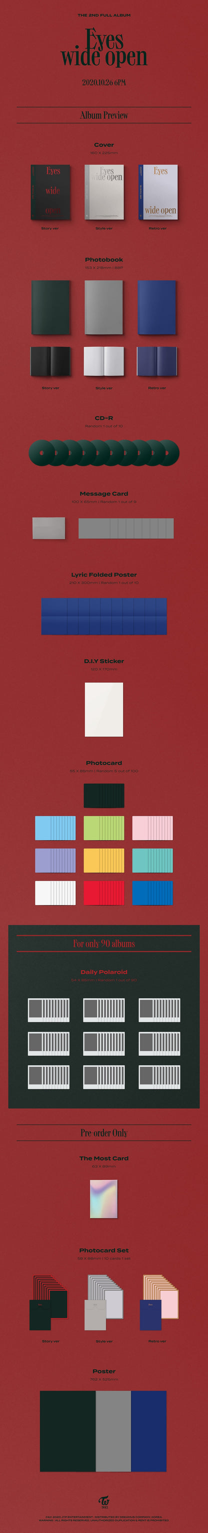 TWICE Eyes Wide Open album contents photobook CD photocards poster stickers.