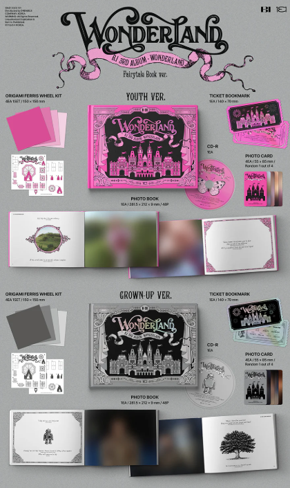 B.I 3rd Album [WONDERLAND] Fairytale Book Version, showing contents, includes 1 CD, 48-page photobook, 1 random photocard (out of 4), origami Ferris wheel kit, and ticket bookmark, official K-pop merchandise.