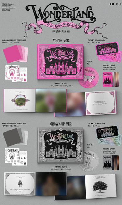 B.I 3rd Album [WONDERLAND] Fairytale Book Version, showing contents, includes 1 CD, 48-page photobook, 1 random photocard (out of 4), origami Ferris wheel kit, and ticket bookmark, official K-pop merchandise.
