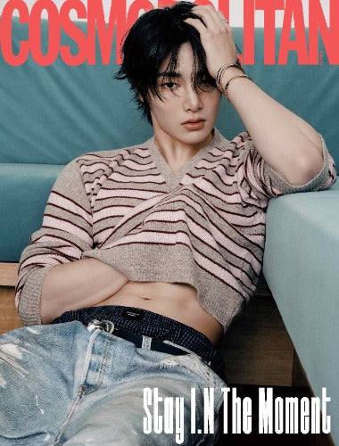 Cosmopolitan Korea Magazine December 2025 cover featuring Stray Kids’ I.N. He poses against a minimalist studio background, wearing a stylish dark outfit and looking directly at the camera. Text elements display magazine title and issue details.