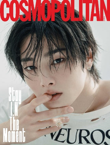 Cosmopolitan Korea Magazine December 2025 cover featuring Stray Kids’ I.N. The image shows a different concept and styling, with I.N wearing a contrasting outfit and posing with a relaxed expression. Magazine title and text elements appear over the layout.