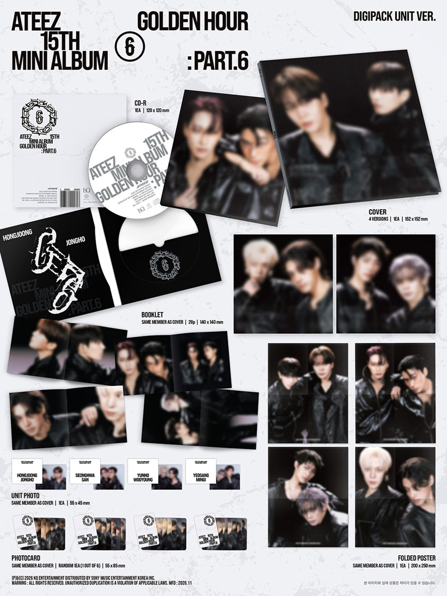 ATEEZ GOLDEN HOUR Part 6 DIGIPACK UNIT Ver contents preview featuring booklet photocard folded poster CD and KQ SHOP I Like You unit photocard set