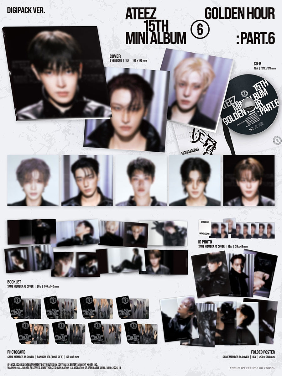 ATEEZ GOLDEN HOUR Part 6 DIGIPACK Ver contents preview featuring booklet photocard folded poster CD and KQ SHOP Gotcha double sided selfie photocard