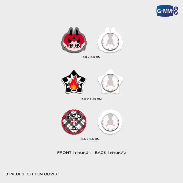 Domiia button cover set front and back view with size details official GMMTV acrylic collectible accessory