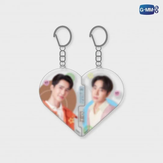 EarthMix heart puzzle acrylic keychain front view, two-piece acrylic keychains of Earth and Mix that connect into a heart, official GMMTV couple merchandise.