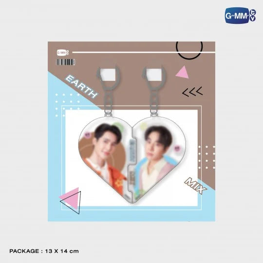 EarthMix heart puzzle acrylic keychain in official packaging, two-piece acrylic set featuring Earth and Mix that forms a heart, GMMTV official merchandise.