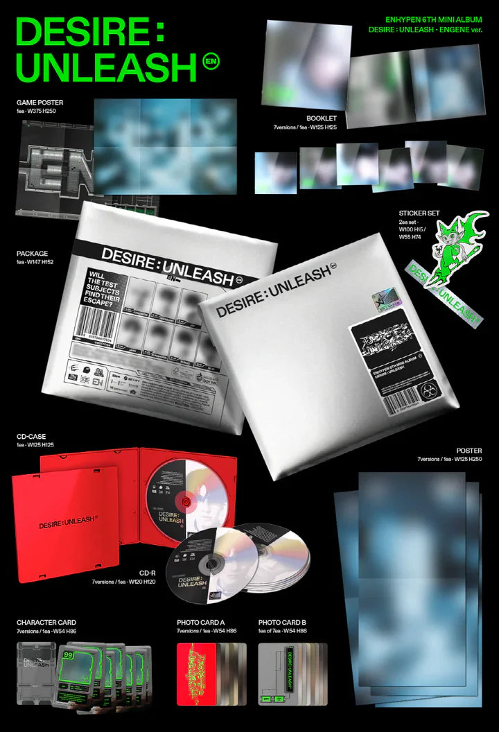 Contents of ENHYPEN DESIRE: UNLEASH 6th Mini Album WEVERSE Shop Gift ENGENE Version, including CD, booklet, game poster, sticker set, poster, character card, Photo Card A, Photo Card B, plus Weverse gifts of 1 unreleased selfie photocard B and 1 unreleased selfie transparent photocard B, official K-pop merchandise.